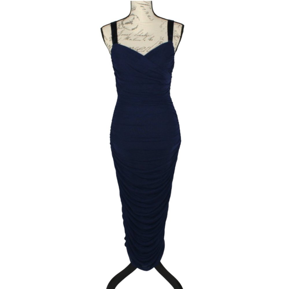Shein Navy Blue Ruched Dress With Satin Straps